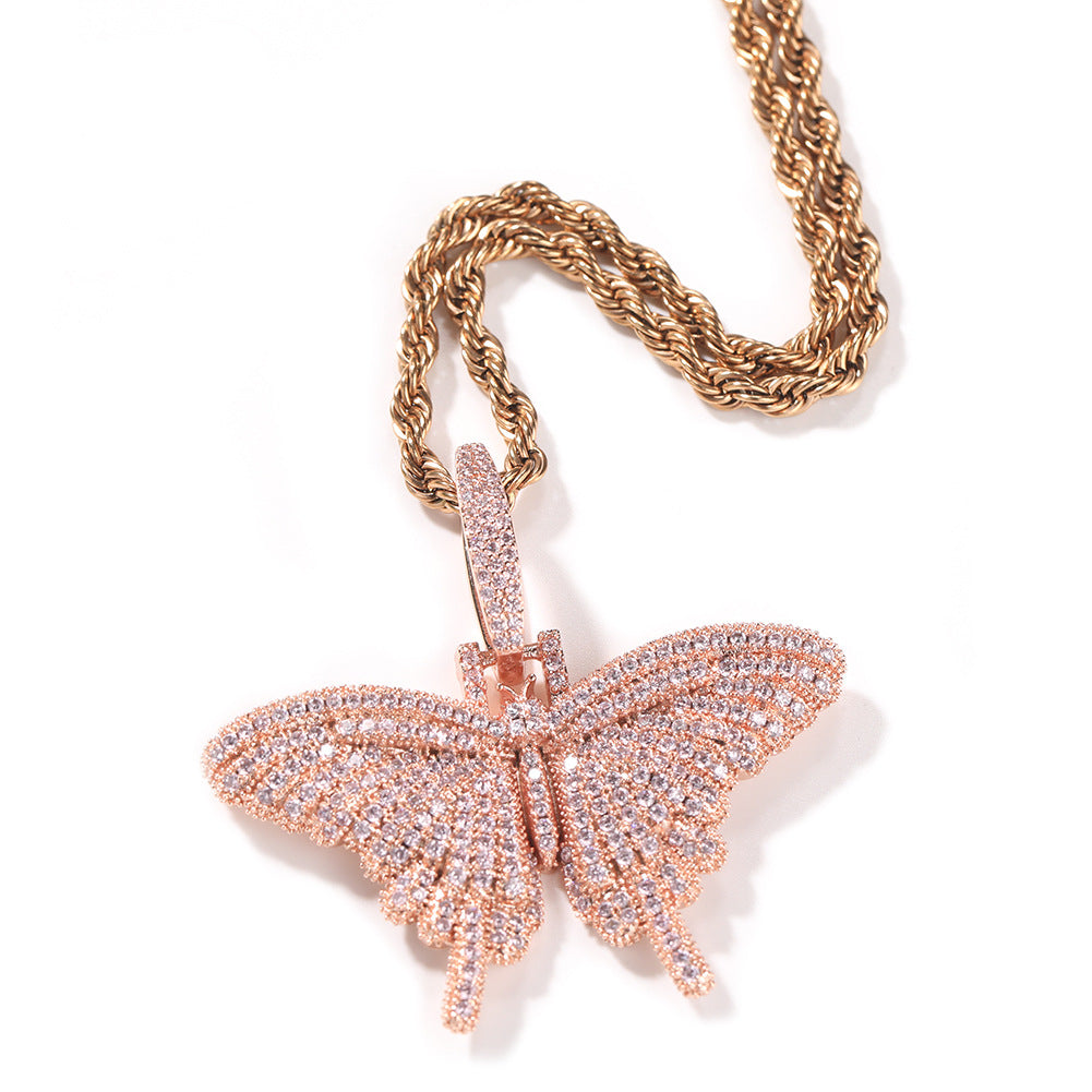 Butterfly Pendant Necklace Gold Color Cubic Zircon Men's Hip Hop Rock Jewelry 1W4EX (24inch-silver-Rope chain)