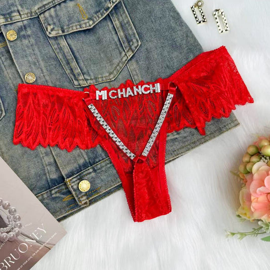 Rhinestone Letter Lace Sexy Thong