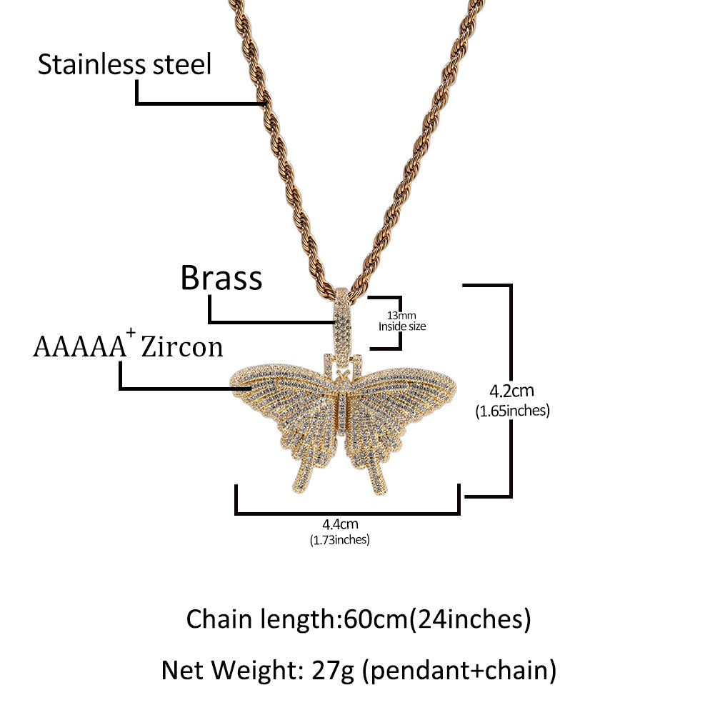 Butterfly Pendant Necklace Gold Color Cubic Zircon Men's Hip Hop Rock Jewelry 1W4EX (24inch-silver-Rope chain)