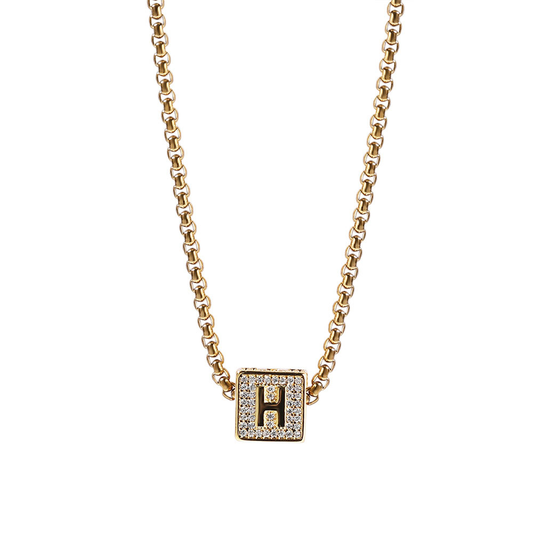 New 26 English Alphabet Square Pendant Necklace, Gold-plated with Fashionable Alphabet Pendant Decorated with Moss Agate