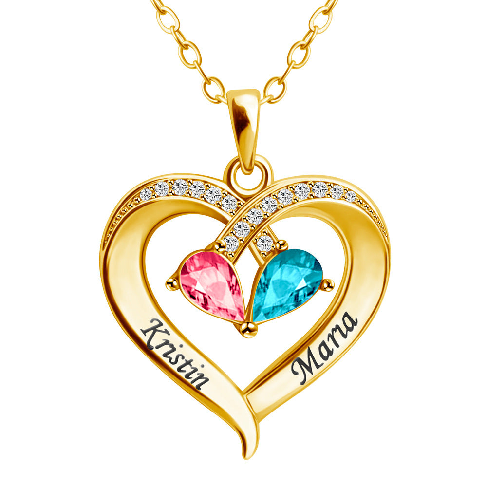 Custom dual-name double-color birthstone heart necklace