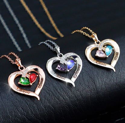 Custom dual-name double-color birthstone heart necklace