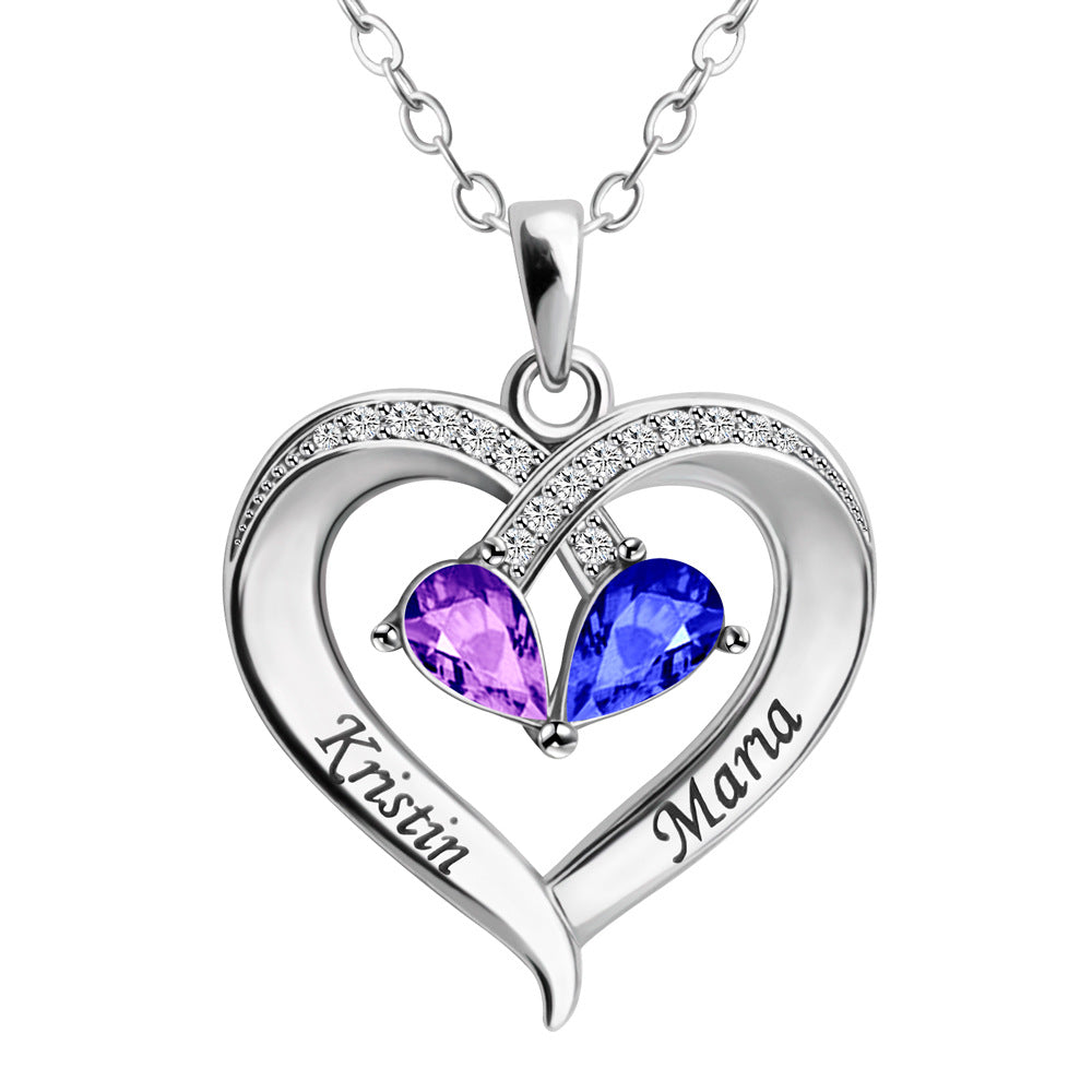 Custom dual-name double-color birthstone heart necklace