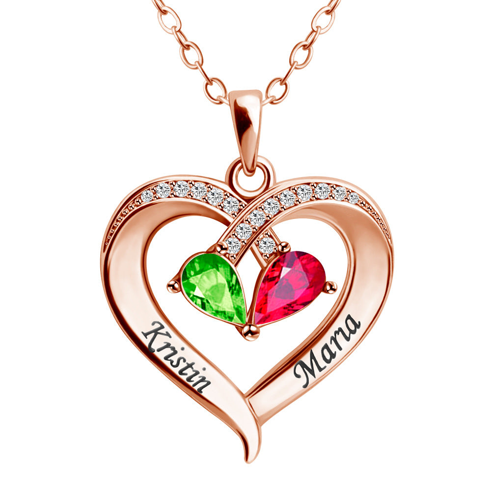 Custom dual-name double-color birthstone heart necklace